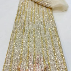 Champagne Tulle Fabric,Heavy Sequins Lace Fabric,Glitter Fabric，Beaded Fabric, For Bridal Gowns, Sequin Tulle Lace Fabric