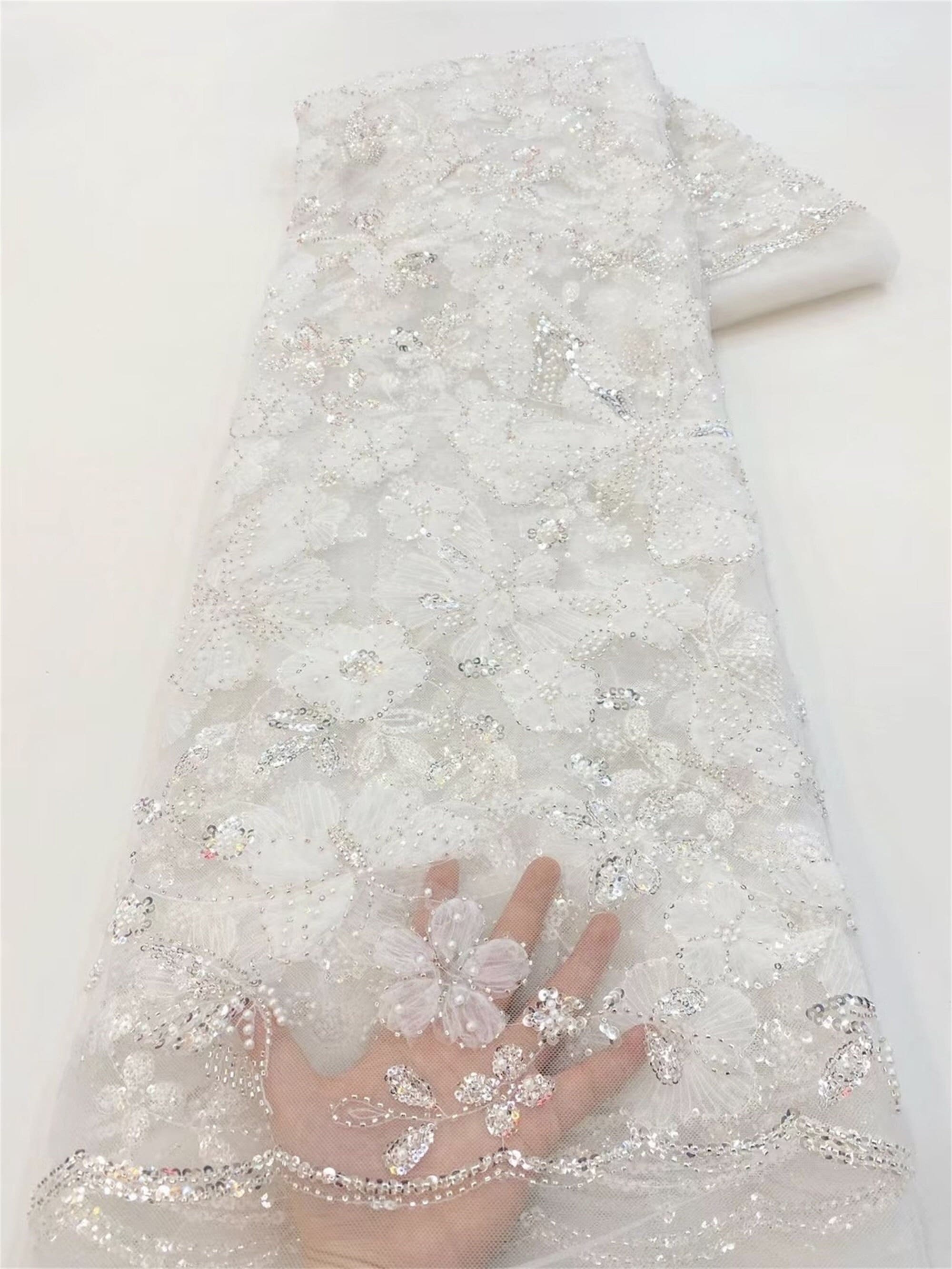 White butterfly tulle fabric, floral beaded fabric, sequin lace fabric, wedding dress fabric, DIY clothing design fabric 1 yard