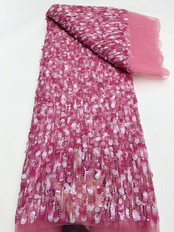 Pink Heavy Sequin Tulle Fabric, Sequin Lace Fabric, Beaded Fabric