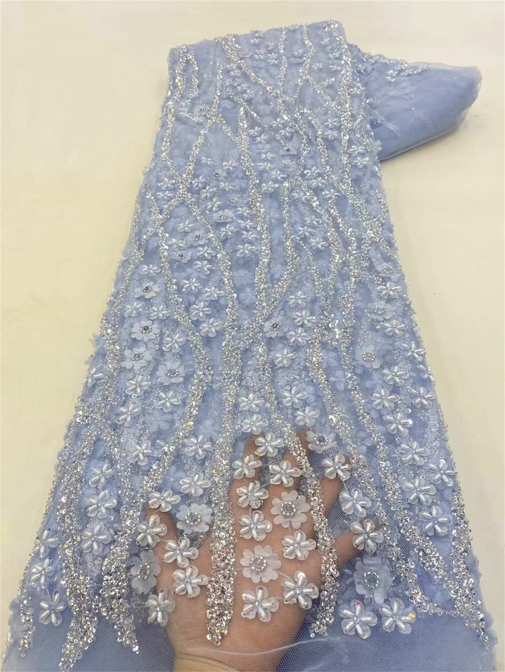 Blue 3d embroidered floral fabric, heavy beaded lace fabric, sequin mesh, dress fabric, clothing fabric, lace mesh, material
