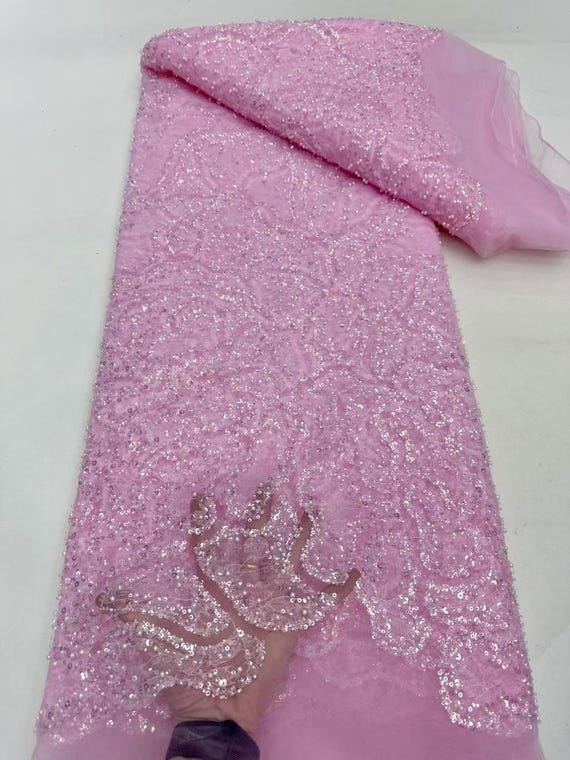 Pink Heavy Sequin Lace Fabric, Beaded Tulle Fabric, Gold Dress