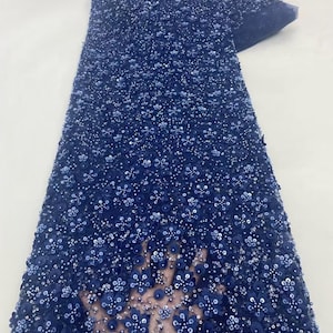 Navy Blue 3D Floral Tulle Fabric,Sequin Beaded Floral Fabric,Blue Lace Fabric,Dress Fabric,Tulle Fabric,Floral Sequin Fabric 1 Yard