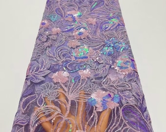 Embroidered Sequin Floral Lace Fabric,Purple Sequin Tulle Fabric,Mesh Fabric,Prom Dress,Beach Party Clothing,DIY Materials,Fabric1 Yard