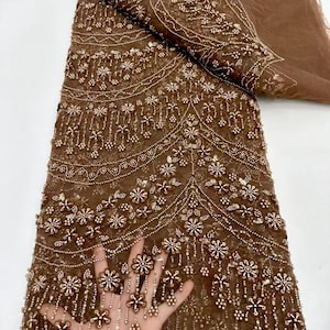 Coffee Sequin Floral Lace Fabric, Beaded Floral Tulle Fabric, Bridal Dress Fabric, Lace Mesh Fabric, DIY Clothing Fabric