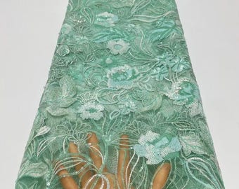 Tissu dentelle florale à paillettes vert menthe,Tissu tulle à paillettes,Tissu résille,Pour robe de danse,Robe de soirée,Robe de reconstitution historique,Matériel d'habillement