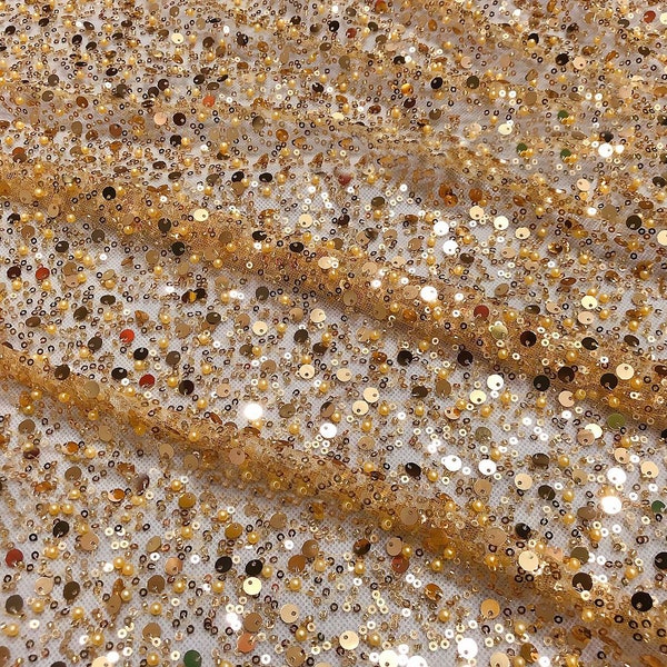 Gold Pearls Sequins Tulle Fabric,Glitter Beaded Tulle,Wedding Dress Fabric,Prom Dress Tulle Fabric