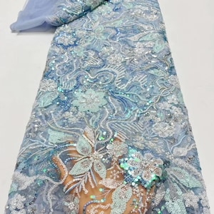 Fashion Blue Beaded Lace Fabric,Embroidered Floral Tulle Fabric,Shiny Sequin Fabric,Dress Fabric,Wedding Dress Fabric,Tulle Fabric