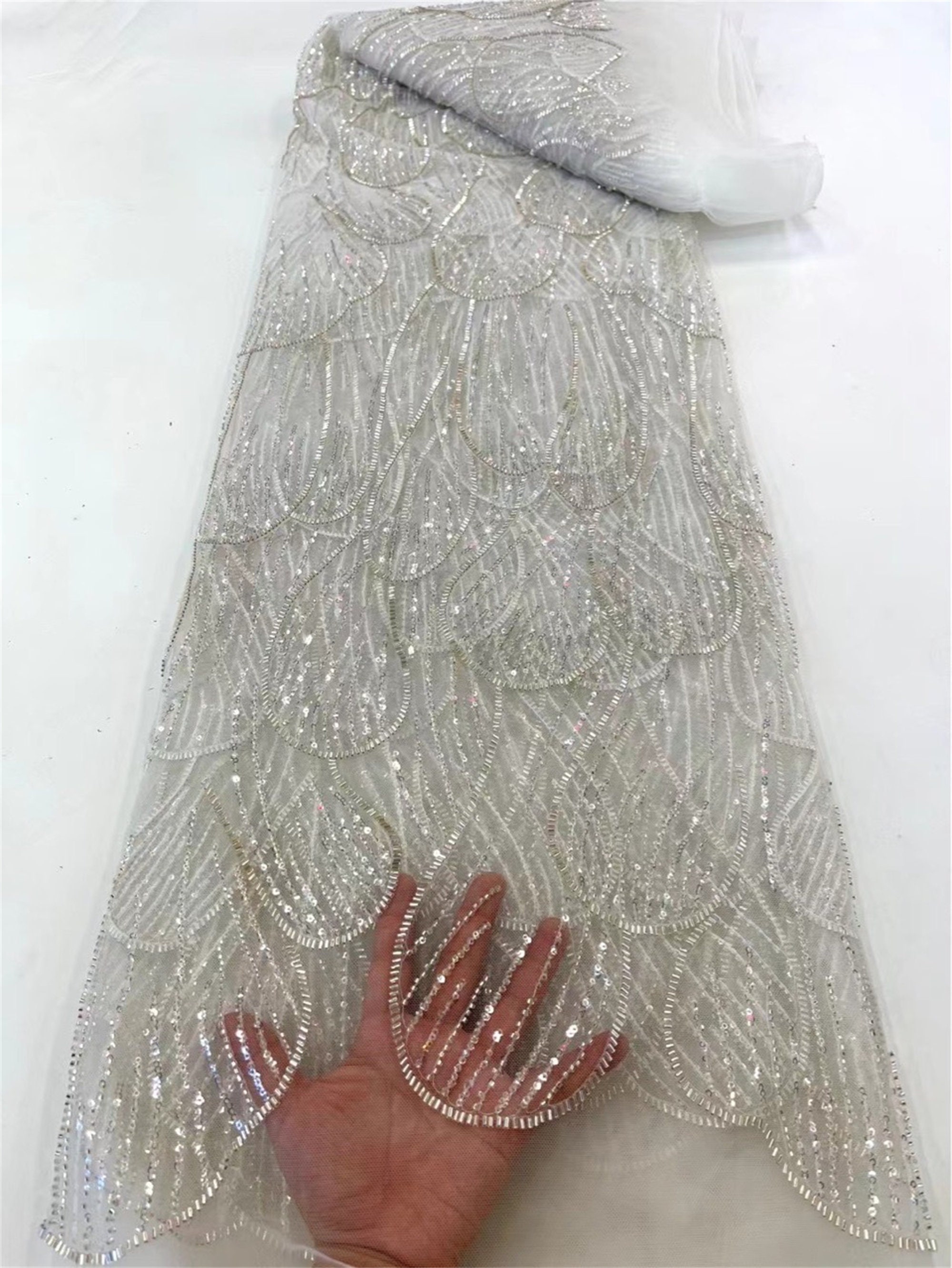 Off White Sequined Tulle Fabric With Ostrich Feather, French Bead Lace  Fabric For Haute Couture Dress