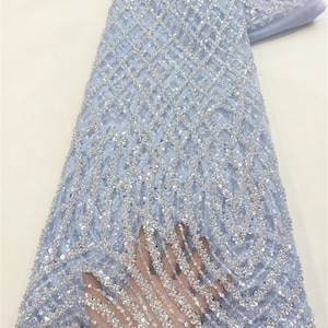 Glitter Blue Lace Fabric, Sequin Fabric, Beaded Fabric, Evening Dress Fabric, Mesh Fabric