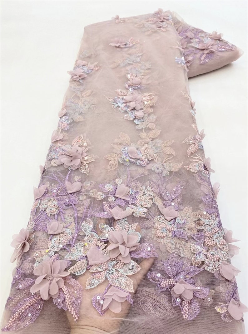 White tulle 3d flower fabric, sequin mesh fabric, DIY wedding bridal evening dress sold by the yard image 4