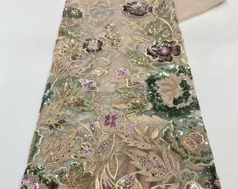 Dentelle florale brodée, Tulle floral vert à sequins, Tissu perlé, Tissu pour robe de soirée, Tissu couture, Matériau
