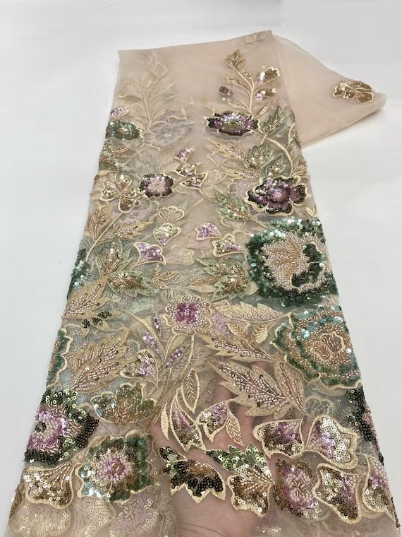 Embroidered Floral Lace Fabric,Green Sequined Floral Tulle Fabric,Beaded Fabric,Party Dress Fabric,Couture Fabric,Material