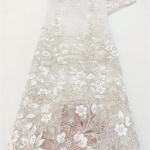Sequined floral tulle fabric, white beaded fabric, wedding dress, dress fabric, sold by the yard
