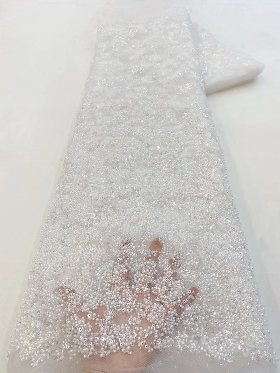 White Heavy Beaded Lace Fabric, Sequined Beaded Fabric, High
