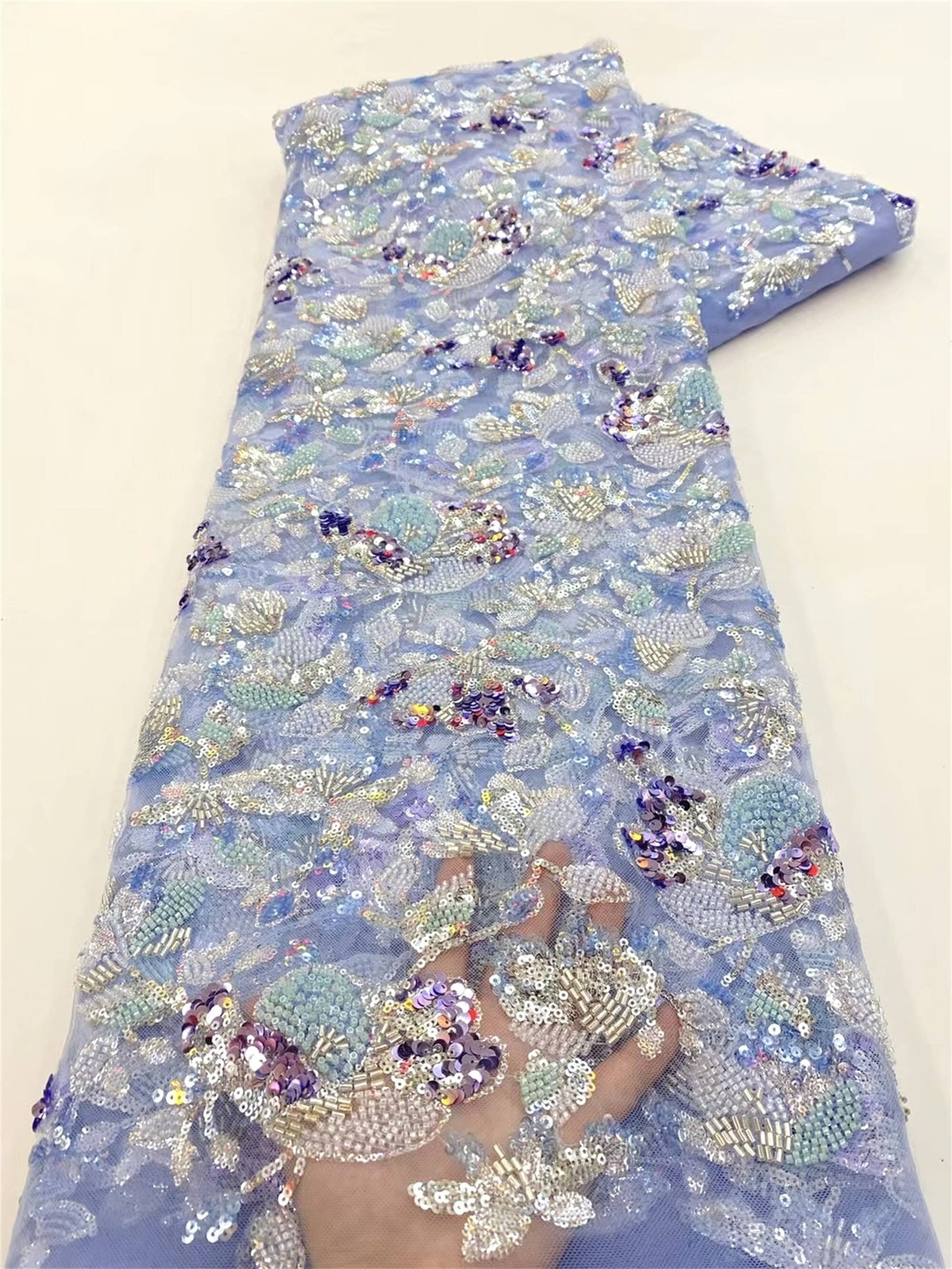 Blue Floral Tulle Fabric, Sequin Beaded Mesh, Mesh Fabric, Suitable For Dresses, Tutus, Prom Dresses, Parties