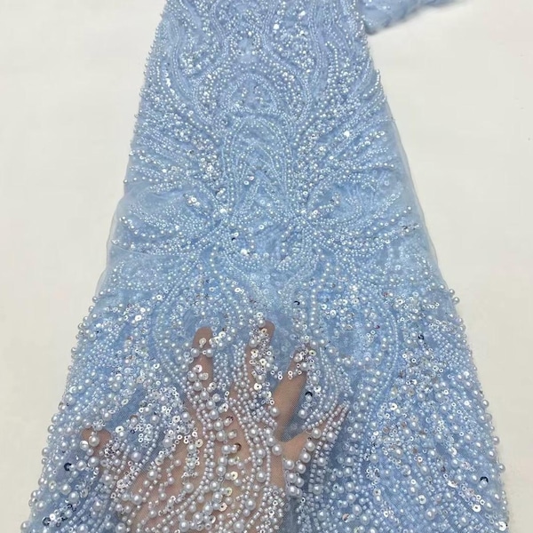 Blue Heavy Bead Lace Fabric,Pearl Tulle Fabric,Sequin Mesh Fabric,For Bridals,Weddings, Prom Dress,Reception Dress,Fabric By Yard