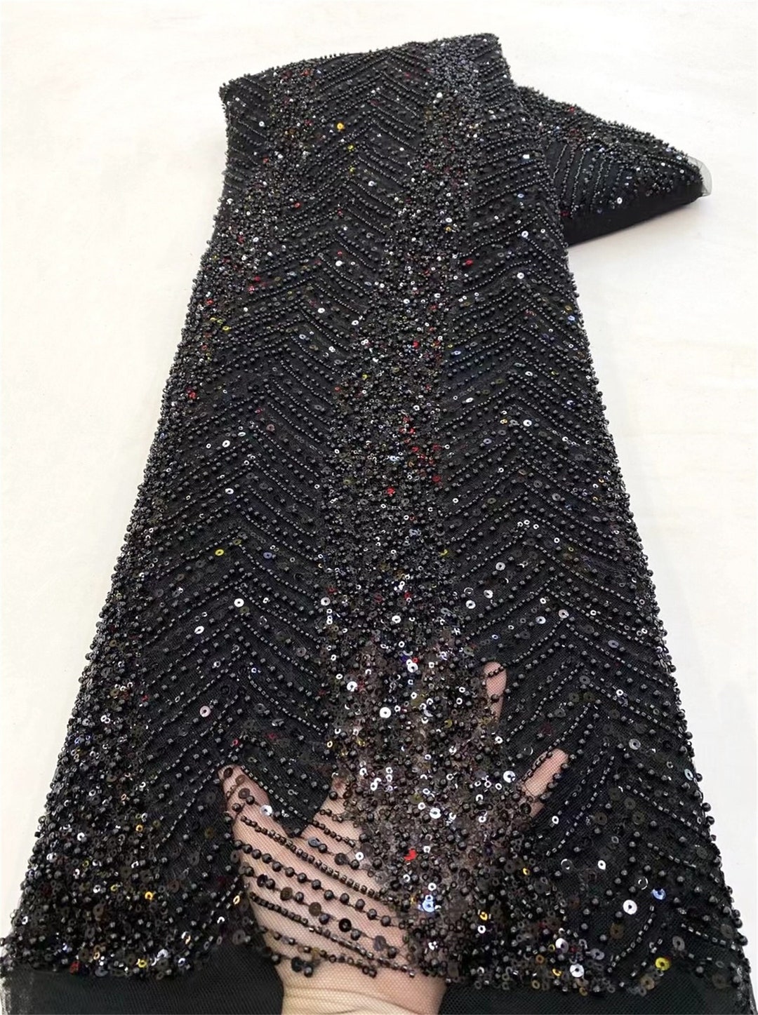 Mysterious Black Beaded Fabric,glitter Sequin Fabric, Fashion Clothing