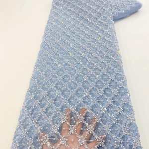 Blue Sequin Lace Fabric, Rhombus Tulle Fabric, Beaded Lace Mesh Fabric, Wedding Evening Dress Lace Fabric By Yard