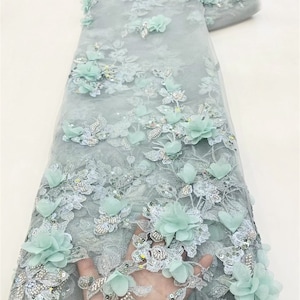 White tulle 3d flower fabric, sequin mesh fabric, DIY wedding bridal evening dress sold by the yard image 5