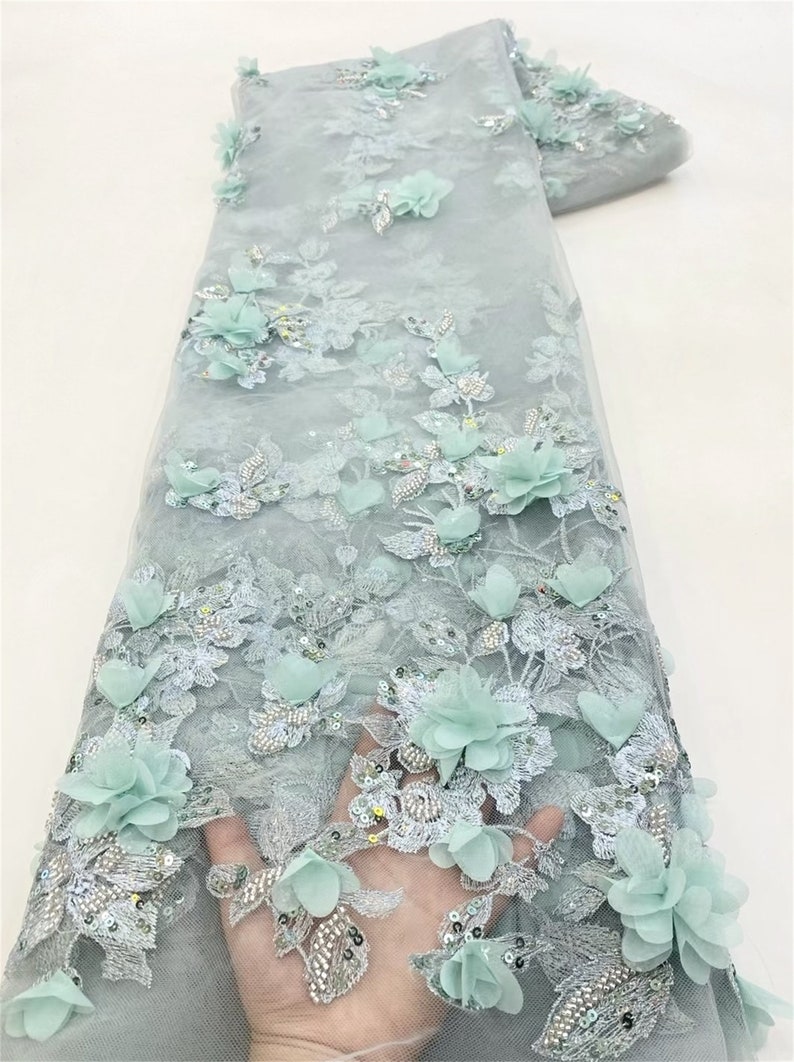 White tulle 3d flower fabric, sequin mesh fabric, DIY wedding bridal evening dress sold by the yard image 5