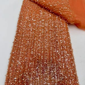 Orange Beaded Lace Fabric,Sequin Tulle Fabric,Pearl Mesh Fabric,Fashion Beaded Fabric,Evening Dress Fabric,Clothing Fabric,Lace Mesh Fabric
