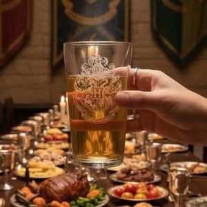 May include: A clear glass pint cup featuring a white etched Hogwarts school crest with a central letter H, surrounded by a lion, snake, eagle, and badger. The glass is filled with a golden liquid, showing a detailed design on the front surface.