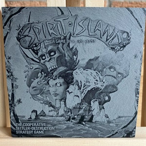 May include: A black and white image of a board game box cover for "Spirit Island: A Game by R. Eric Reuss". The cover features a stylised illustration of a mystical island with spirits and a ship sailing towards it. The text "The Cooperative Settler-Destruction Strategy Game" is printed below the title.