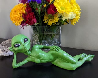 Könnte beinhalten: Eine grüne Alien-Figur mit großen Augen in entspannter Pose, die auf einem Tisch vor einer Vase mit einem bunten Blumenstrauß liegt. Die Blumen umfassen gelbe, rote und blaue Blüten.