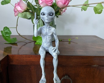 Rude Alien Statue “Flipping The Bird” 10″ H Shelf Sitter Extraterrestrial Figurine Funny Home or Garden Decoration - Alien Gray