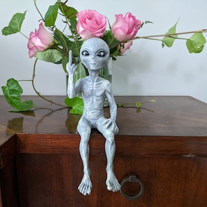 Rude Alien Statue “Flipping The Bird” 10″ H Shelf Sitter Extraterrestrial Figurine Funny Home or Garden Decoration - Alien Gray