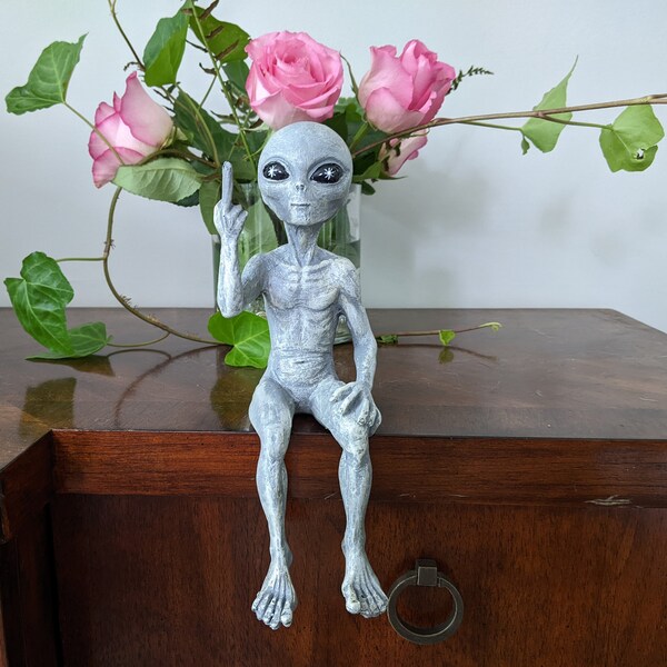 Rude Alien Statue “Flipping The Bird” 10″ H Shelf Sitter Extraterrestrial Figurine Funny Home or Garden Decoration - Alien Gray