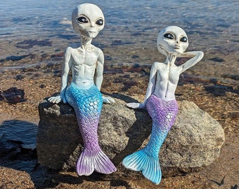 Alien Invasion “MermAlien” Couple 10“ Tall Mermaid and Merman Alien Statue  Indoor/Outdoor Home Patio or Garden Decoration – Set of 2