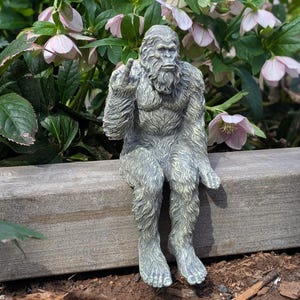 May include: A gray, furry, garden statue of a Bigfoot sitting on a wooden ledge with one hand raised in a middle finger gesture.