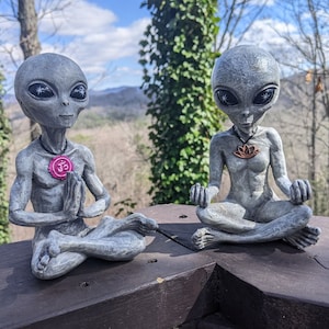 Könnte beinhalten: Zwei graue Alien-Figuren in sitzender Meditationspose. Die Figur links trägt eine Halskette mit einem rosa Om-Symbol. Die Figur rechts trägt eine Halskette mit einem braunen Lotusblüten-Symbol.