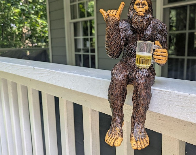 Party Bigfoot Sasquatch Yeti Statue Drinking Beer Indoor/Outdoor for Patio, Deck, Home, Office 10 in H Shelf Sitter Figurine