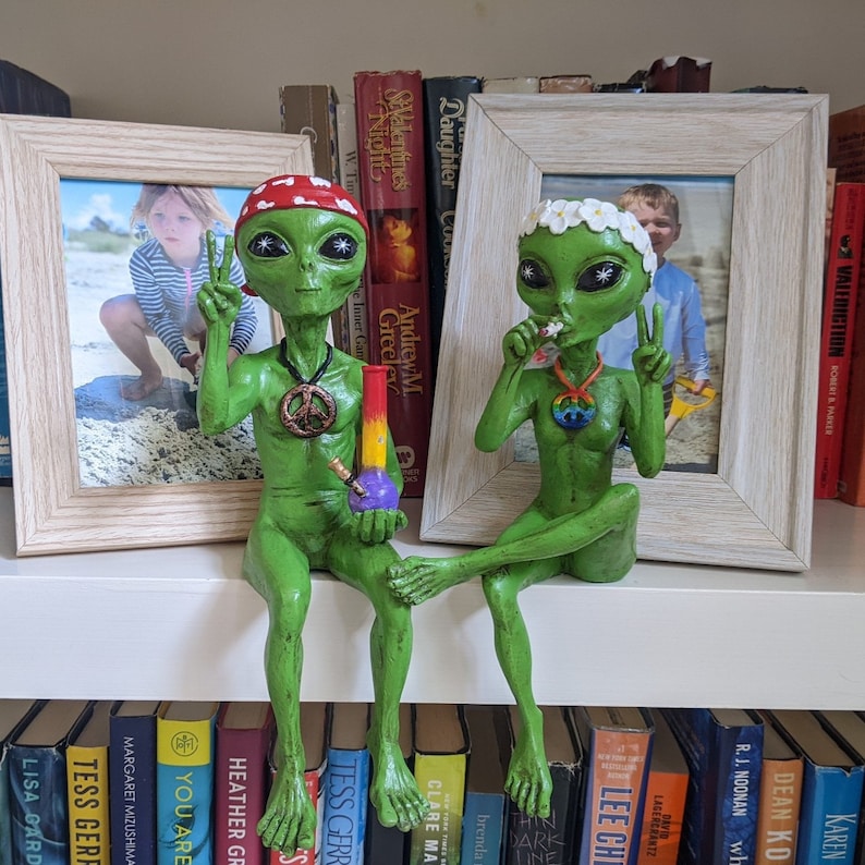 K&ouml;nnte beinhalten: Zwei gr&uuml;ne Alien-Figuren mit Friedenszeichen und Blumen im Haar. Das Alien links h&auml;lt eine lila und orangefarbene Glasbong. Das Alien rechts h&auml;lt ein Friedenszeichen und einen Joint. Die Figuren sitzen auf einem Regal mit B&uuml;chern dahinter.