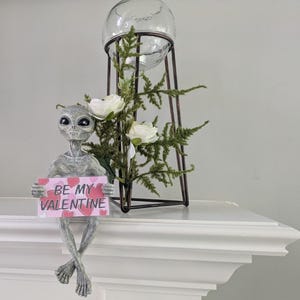 May include: A grey alien ornament holding a pink sign saying "BE MY VALENTINE." The alien is seated on a white surface, legs crossed. Behind it is a decorative metal stand with a glass globe and greenery, a Valentine's Day theme.