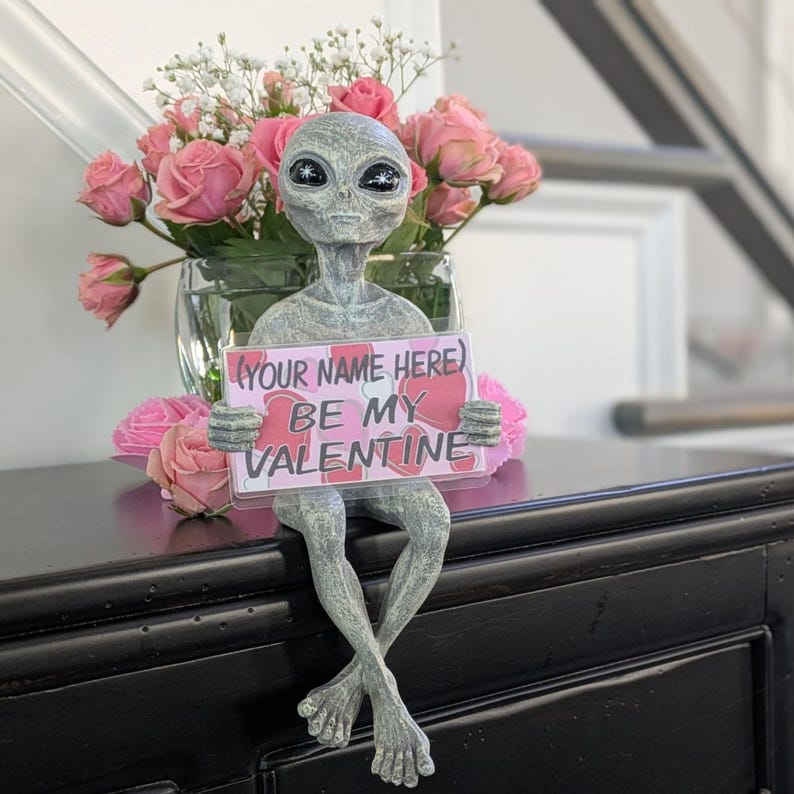 May include: A grey alien ornament holding a sign saying "BE MY VALENTINE" with space for a name. The alien is positioned in front of a vase of pink roses and baby's breath. The figurine has large black eyes and is sitting on a black surface.