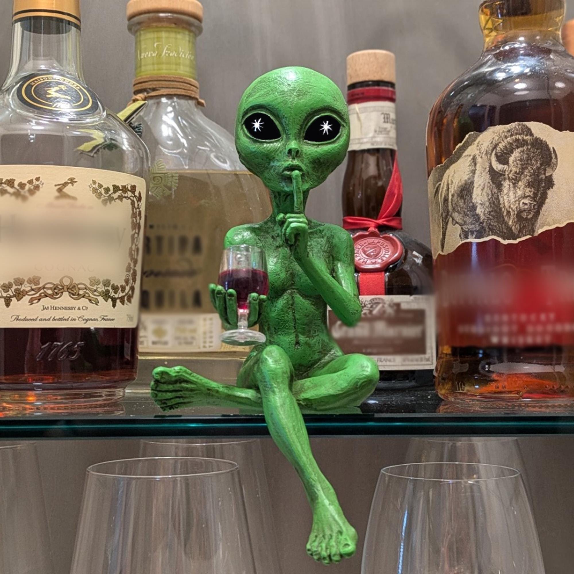 Alien Invasion™ “Party Alien” Female Wine Drinking Ledge Lounger © 10 Inch H Funny Home or Garden Alien Statue