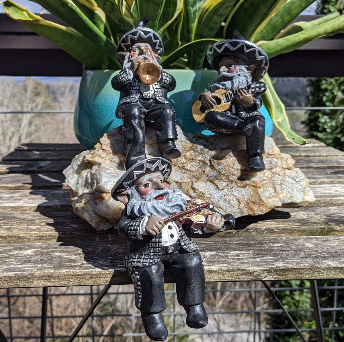 Mariachi Band Shelf Sitter Gnomes Statue Set of 3, 6 inches H, Includes Guitarist, Violinist, Trumpet Player, Funny Home or Garden Décor