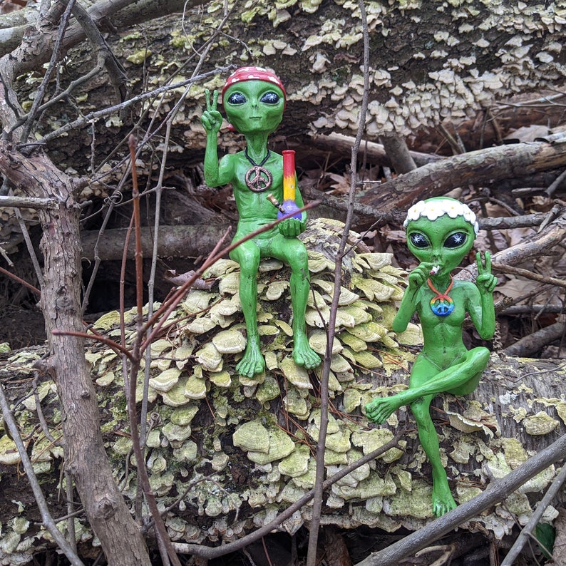 K&ouml;nnte beinhalten: Zwei gr&uuml;ne Alien-Figuren mit Friedenssymbolen auf der Brust, die auf einem bemoosten Baumstamm sitzen. Ein Alien h&auml;lt eine Glasbong, das andere einen Joint.