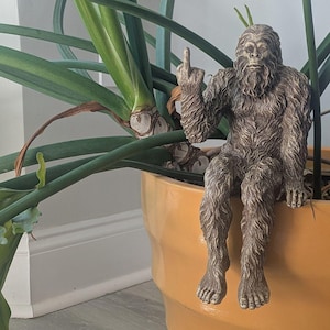 May include: A brown, furry Bigfoot figurine sitting on the edge of a terracotta pot, giving the middle finger.