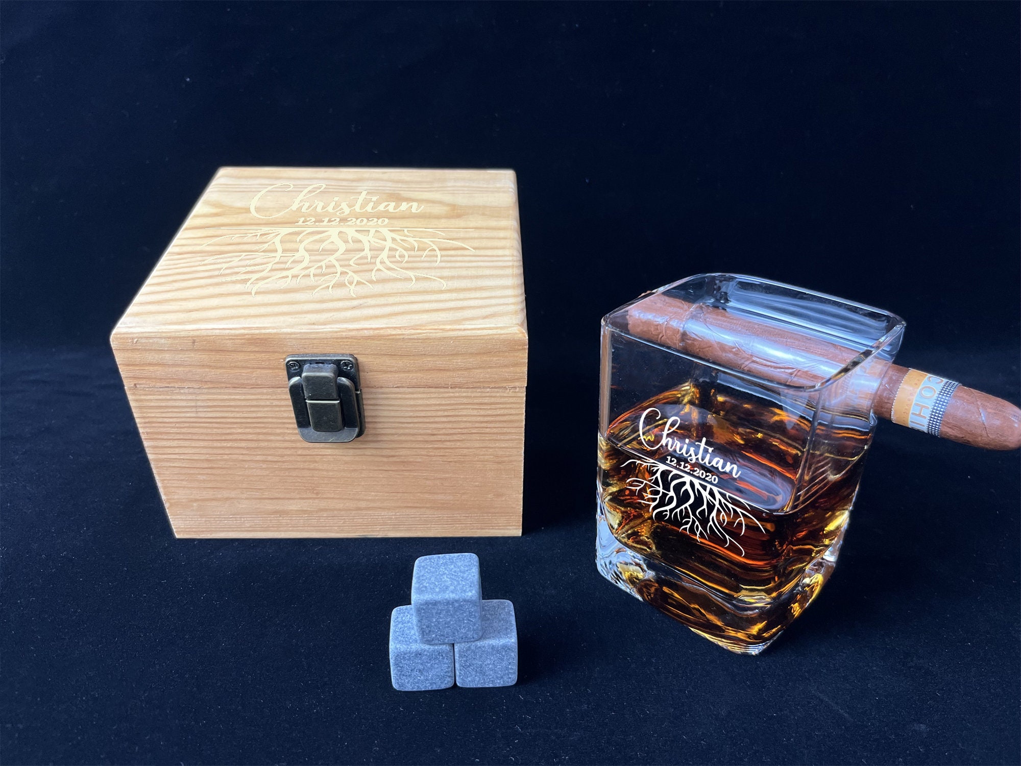 Custom Whiskey Cigar Glass Holder Engraved Rocks Glass, Etched Bourbon Glass, Cigar Holding ...