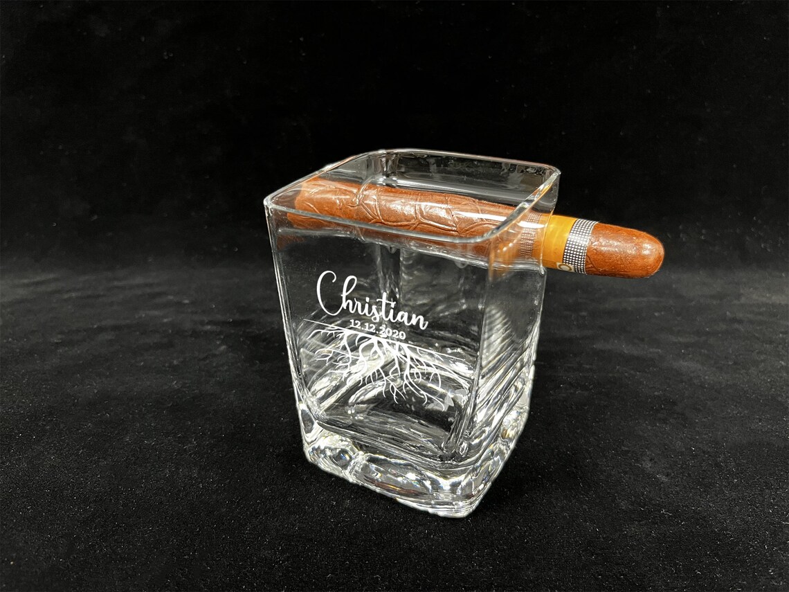 Custom Whiskey Cigar Glass Holder Engraved Rocks Glass, Etched Bourbon ...