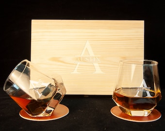 Ensemble de verres à whisky personnalisés avec verre à whisky en cristal personnalisé avec boîte en bois, cadeau papa, cadeau petit ami