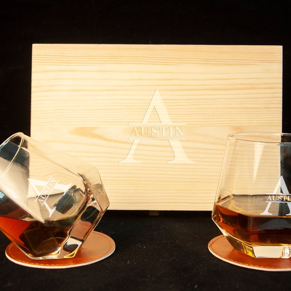 Groomsmen Gifts Personalized Whiskey Glass Set with Personalised Crystal Whisky Glass with wooden box, Dad Gift Boyfriend Gift