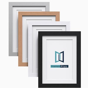 May include: Four picture frames in different colours: silver, wood, white, and black. The frames are all the same size and have a white mount. The frames are stacked on top of each other, with the silver frame on top. The logo "FramesPlus" is visible in the bottom right corner of the black frame.
