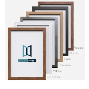 May include: A set of picture frames in various colours, including rustic, black, oak, chrome, white, and dark oak. The frames are all the same size and have a simple, modern design. The text "Frames Plus" is printed on the front of the frame.