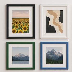 May include: Six framed pictures on a white wall. The frames are black, white, yellow, green, blue, and red. The pictures are of sunflowers, abstract art, a vintage car, mountains, mountains, and sheet music.