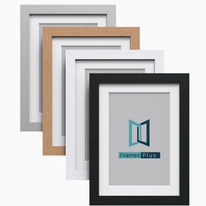 May include: Four picture frames in different colours: silver, wood, white, and black. The frames are all the same size and have a simple design. The black frame has the text "FramesPlus" in the centre.